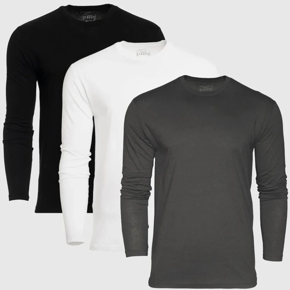 NWT True Classic Tees Classic Long Sleeve Crew Neck (3‑Pack Black White Gray)